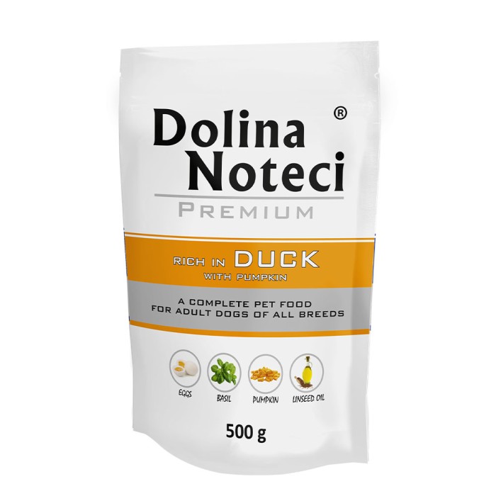 Вологий корм для собак Dolina Noteci Premium, з качкою та гарбузом, пауч, 500 г 