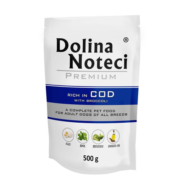 Вологий корм для собак Dolina Noteci Premium, з тріскою та броколі, пауч, 500 г