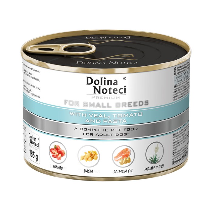 Вологий корм Dolina Noteci Premium для собак дрібних порід, з телятиною, помідорами та локшиною, 185 г