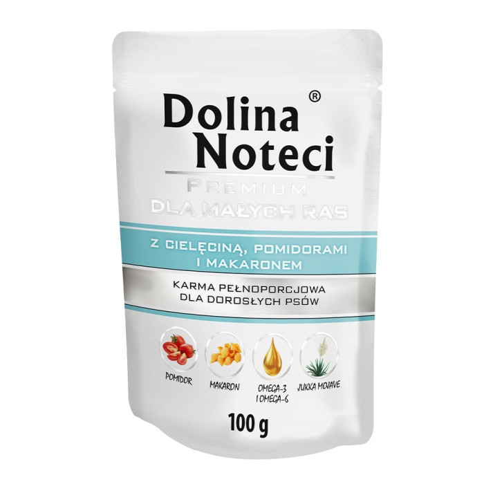 Вологий корм Dolina Noteci Premium для собак дрібних порід, з телятиною, помідорами та локшиною, 100 г