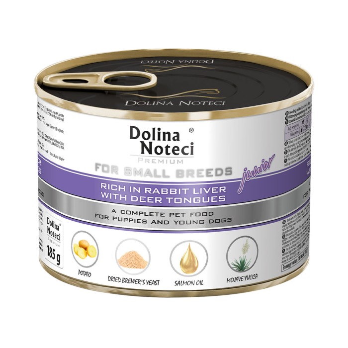 Вологий корм Dolina Noteci Premium для цуценят та юніорів собак маленьких порід, з печінкою кролика та язиком оленя, 185 г