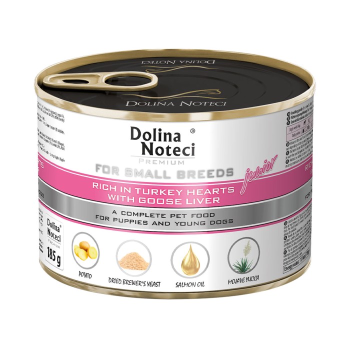 Вологий корм Dolina Noteci Premium для цуценят та юніорів собак маленьких порід, з серцем індички та гусячою печінкою, 185 г