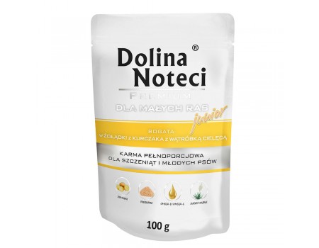 Вологий корм Dolina Noteci Premium для цуценят та юніорів собак маленьких порід, з курячим шлунком та печінкою теля, 100 г