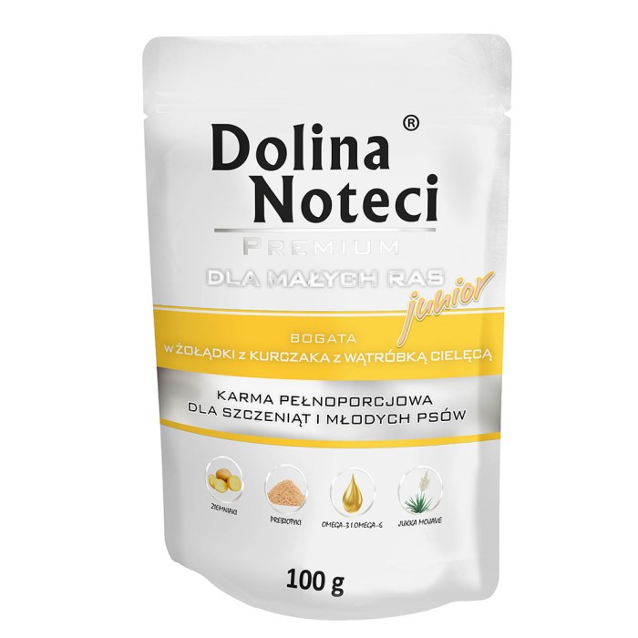 Влажный корм Dolina Noteci Premium для щенков и юниоров собак маленьких пород, с куриным желудком и печенью теленка, 100 г