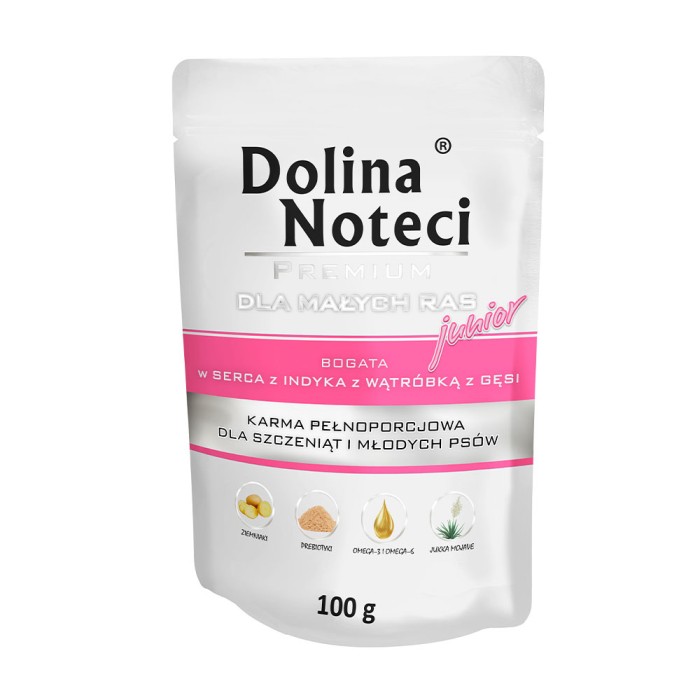 Вологий корм Dolina Noteci Premium для цуценят та юніорів собак маленьких порід, з серцем індички та гусячою печінкою, 100 г