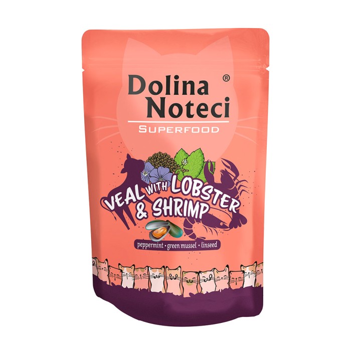 Вологий корм для котів Dolina Noteci Superfood, з телятиною,лобстером і креветкою, пауч, 85 г