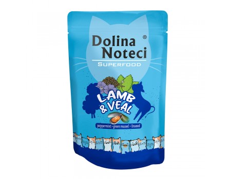 Влажный корм для кошек Dolina Noteci Superfood, с ягнятиной и телятиной, пауч, 85 г