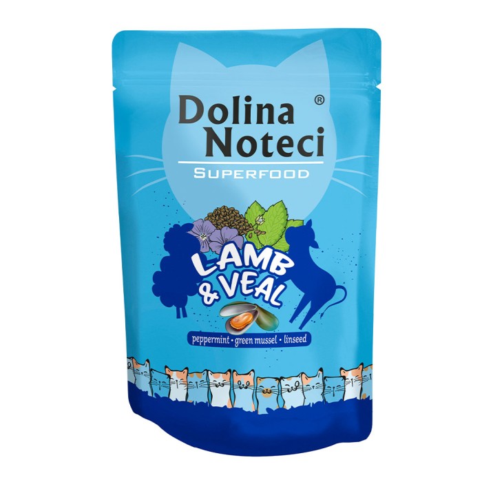Вологий корм для котів Dolina Noteci Superfood, з ягнятиною та телятиною, пауч, 85 г