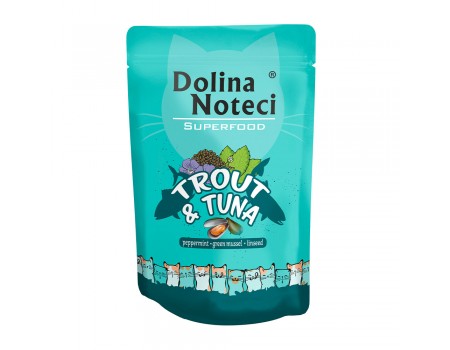 Вологий корм для котів Dolina Noteci Superfood, з форелью та тунцем, пауч, 85 г