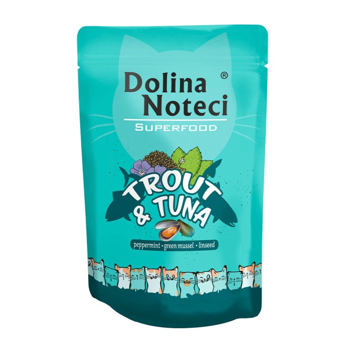 Вологий корм для котів Dolina Noteci Superfood, з форелью та тунцем, пауч, 85 г