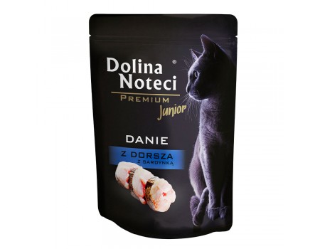 Влажный корм для котят Dolina Noteci Danie, с треской и сардиной, пауч, 85 г