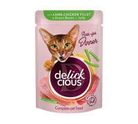 Корм для дорослих котів Delickcious “Шматочки з ягнятиною, курячим філ..