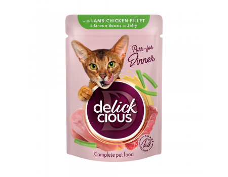 Корм для дорослих котів Delickcious “Шматочки з ягнятиною, курячим філе і спаржевою квасолею в желе”, 85 г