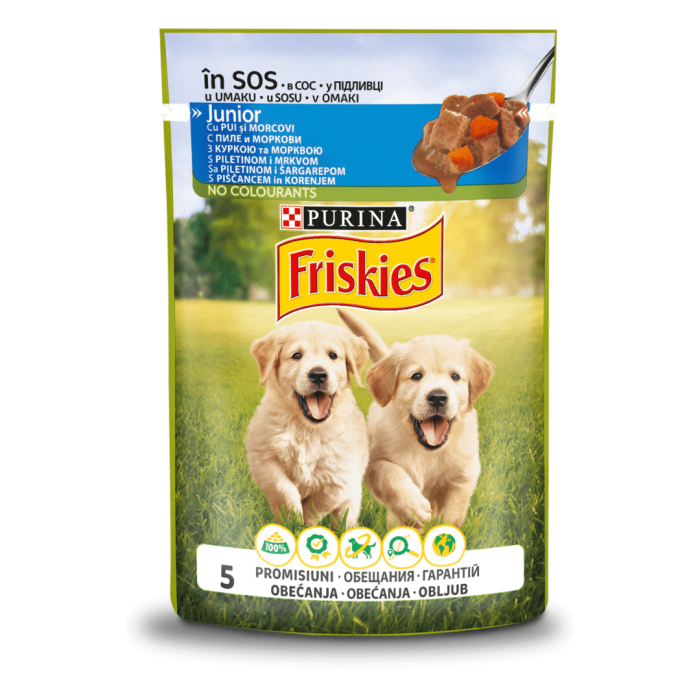 Влажный корм FRISKIES Junior для щенков, кусочки в соусе с курицей и морковью, 85 г
