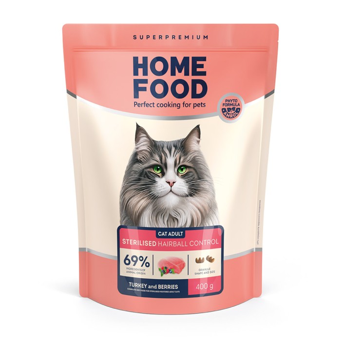Home Food Корм CAT ADULT Hairball Control для стерилізованих "Індичка та ягоди" (0,4 кг)