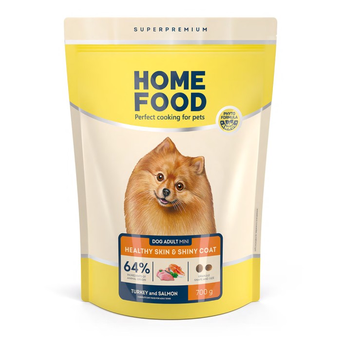 Home Food Корм DOG ADULT MINI Здорова шкіра та блиск шерсті «Індичка та лосось» (0,7 кг)