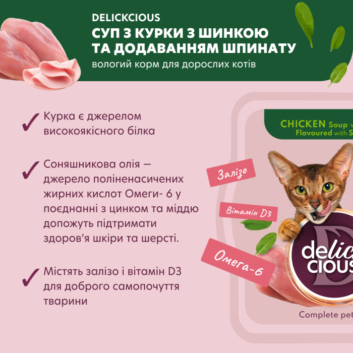 Повнораціонний корм для дорослих котів DELICKCIOUS, суп з курки з шинкою та додаванням шпинату, 80 г