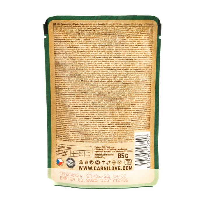 Корм влажный Carnilove Rich in Pheasant, для кошек, с фазаном и листьями малины, 85 г