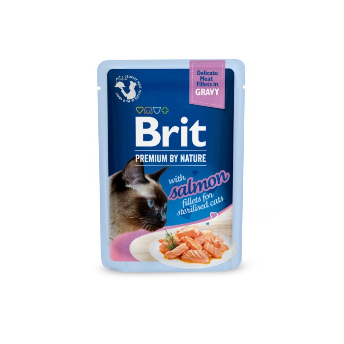 Корм влажный Brit Premium Delicate Fillets in Gravy Salmon для стерилизированных кошек, филе в соусе, лосось, 85 г