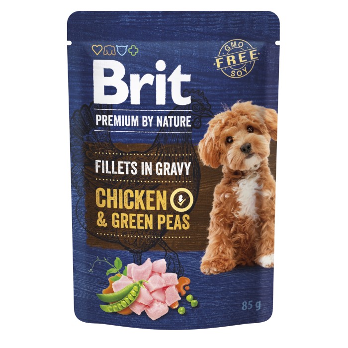 Корм влажный Brit Premium Fillets in Gravy Chicken & Green Peas для собак малых пород филе в соусе курица и зеленый горошек 85 г
