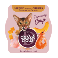 Полнорационный корм для взрослых кошек DELICKCIOUS, суп из сардины с креветками и добавлением тыквы, 80 г