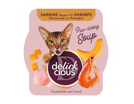 Повнораціонний корм для дорослих котів DELICKCIOUS, суп з сардини з креветками та додаванням гарбуза, 80 г