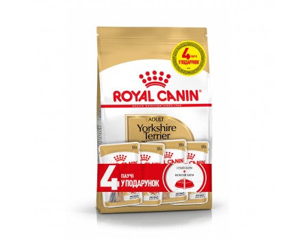Акція // Сухий корм для дорослих собак ROYAL CANIN YORKSHIRE  ADULT 1,5кг + 4 паучі в подарунок