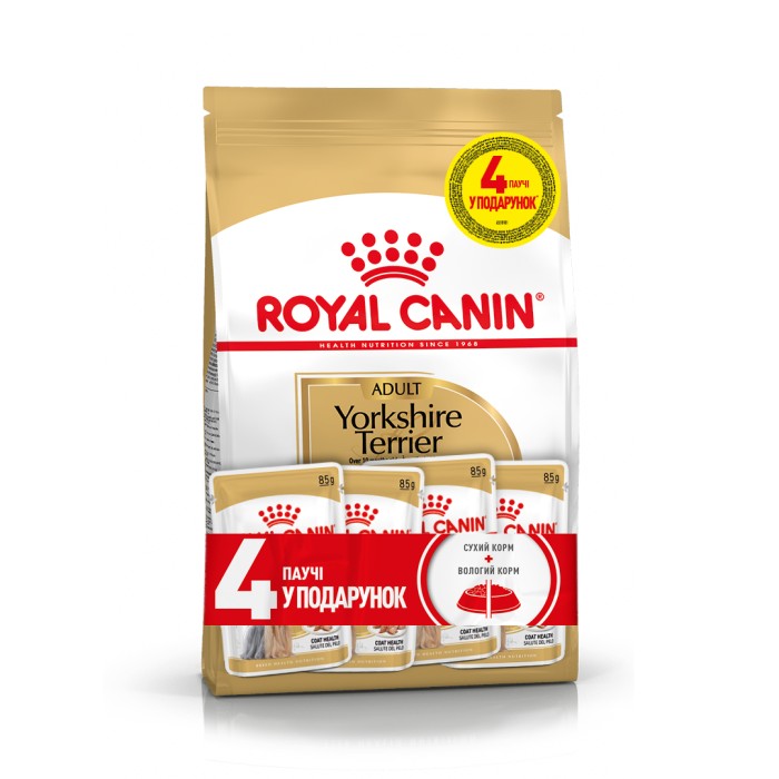 Акция // Сухой корм для взрослых собак ROYAL CANIN YORKSHIRE  ADULT 1,5кг + 4 пауча в подарок