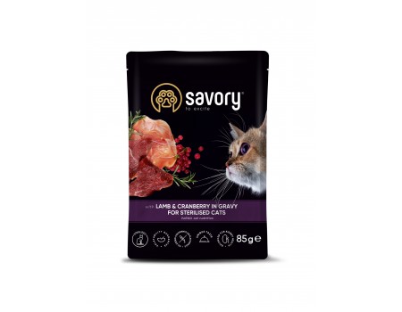 Вологий корм Savory для стерилізованих котів, ягня з журавлиною у соусі, пауч, 85 г