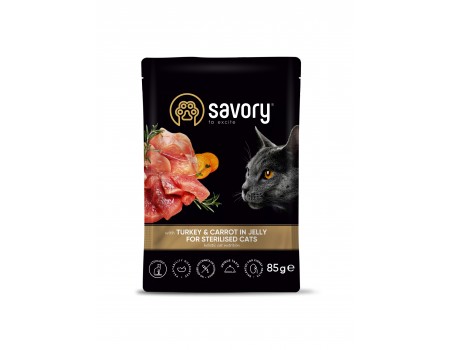 Влажный корм Savory для стерилизованных кошек, индейка с морковью в желе, пауч, 85 г