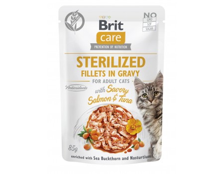 Корм влажный для стерилизованных кошек Brit Care Cat Sterilized филе в соусе с лососем и тунцом, пауч, 85 г