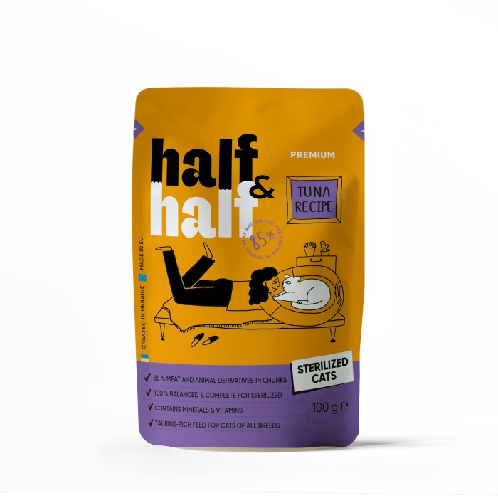 Корм влажный Half&Half для стерилизованных кошек, кусочки с тунцом в соусе в форме пауча, 100 г