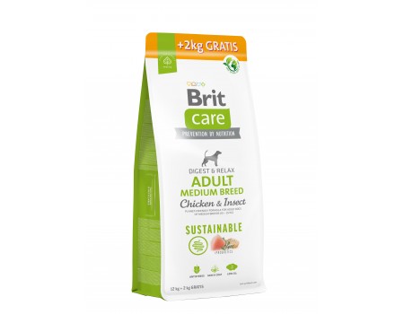 Корм для собак середніх порід Brit Care Dog Sustainable Adult Medium Breed з куркою та комахами, 12+2 кг