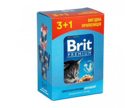 Набір паучів "3+1" для кошенят Brit Premium Cat pouch Chicken Chunks for Kitten з куркою, 4х100г