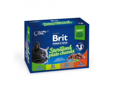 Влажный корм Brit Premium Cat Набор паучей семейная тарелка для стерилизованных кошек, ассорти 4 вкуса, 100 г х 12 шт