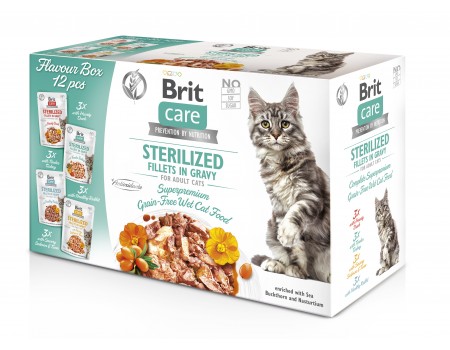 Корм влажный для стерилизованных кошек Brit Care Flavour box Sterilized филе в соусе, набор паучей 12 х 85 г