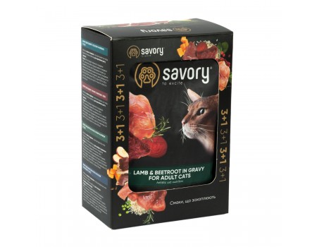 Набір вологих кормів Savory "3+1" для дорослих котів, ягня з буряком у соусі, паучі, 4 шт.*85 г