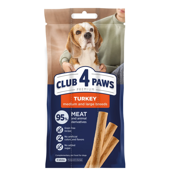 М'ясна паличка Club 4 Paws (Клуб 4 лапи) Premium, для дорослих собак середніх та великих порід, зі смаком індички, 60 г