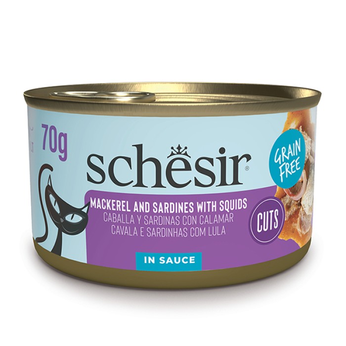 Schesir Grill Mackerel and Sardines with Squids ШЕЗІР МАКРЕЛЬ З САРДИНОЮ в соусі натуральні консерви беззерновий корм для котів, 70 г