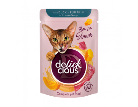 Корм для дорослих котів Delickcious "Смужки з качкою та гарбузом в крем супі", 85 г