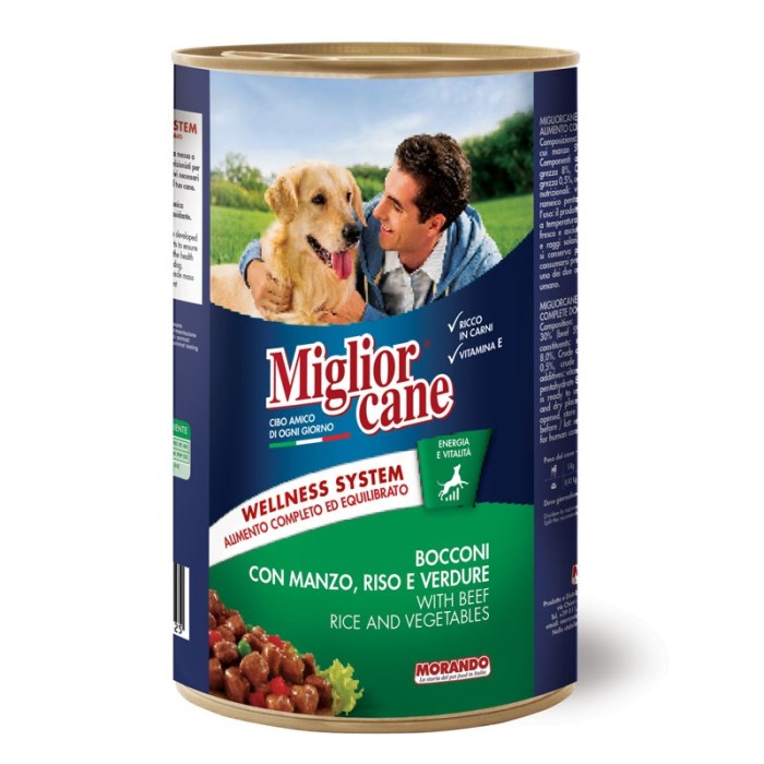 Влажный корм для собак Migliorcane с кусочками говядины, рисом и овощами, 1250 г
