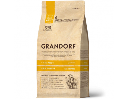 Сухий корм Grandorf 4 MEAT STERILISED, для стерилізованих котів, 4 види м'яса з пробіотиками, 8 кг
