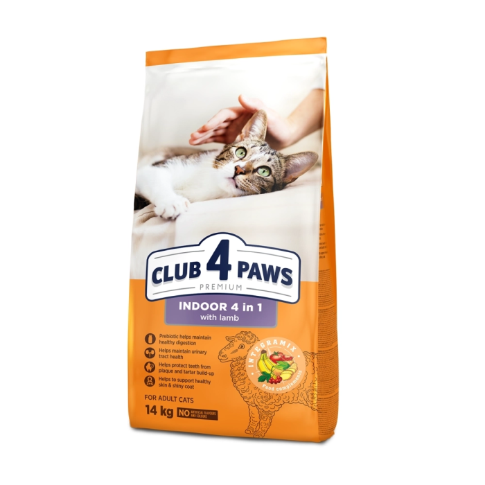 Корм Club 4 Paws для кошек индор 4в1 с ягненком  14 кг