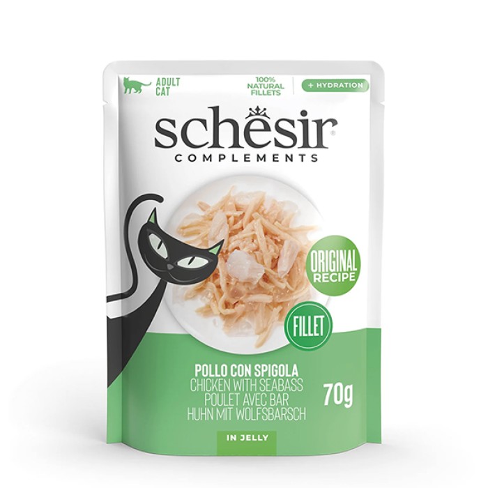 Schesir Chicken with Seabass ШЕЗІР КУРЯЧЕ ФІЛЕ З МОРСЬКИМ ОКУНЕМ в желе вологий корм для котів 70г