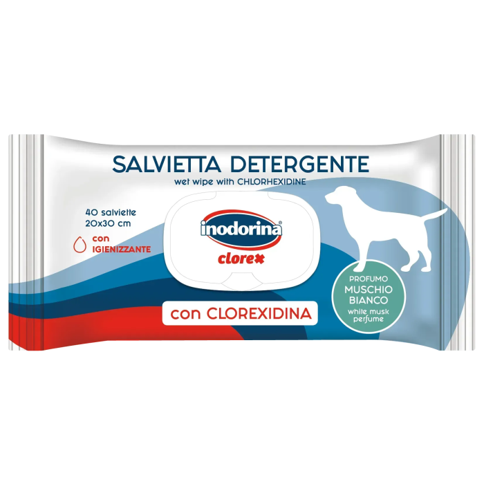 Inodorina Clorex - Вологі серветки для собак із хлоргексидином та ароматом білого мускусу, 40 шт