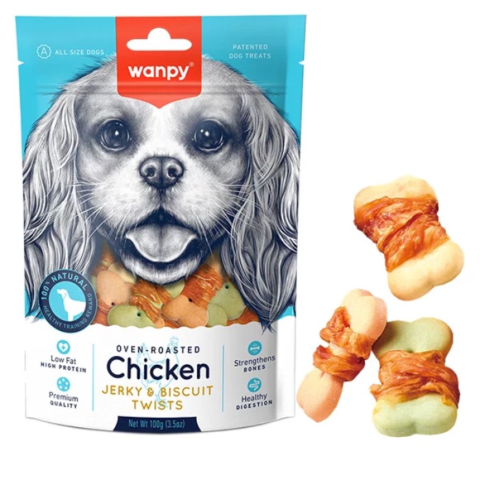 Wanpy Chicken Jerky & Biscuit Twists ВАНПИ БИСКВИТ С ВЯЛЕНОЙ КУРИЦЕЙ печенье для собак 0.1 кг