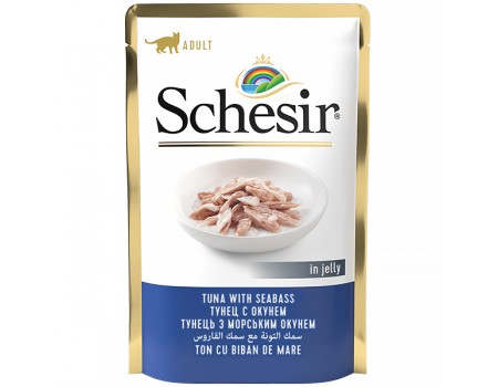 Schesir Tuna Seabass ШЕЗИР ТУНЕЦ С ОКУНЕМ влажный корм натуральные консервы для кошек, тунец с морским окунем в желе, пауч 100 г , 0.1 кг.