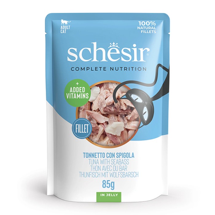 Schesir Tuna Seabass ШЕЗИР ТУНЕЦ С ОКУНЕМ влажный корм натуральные консервы для кошек, тунец с морским окунем в желе, пауч 100 г , 0.1 кг.