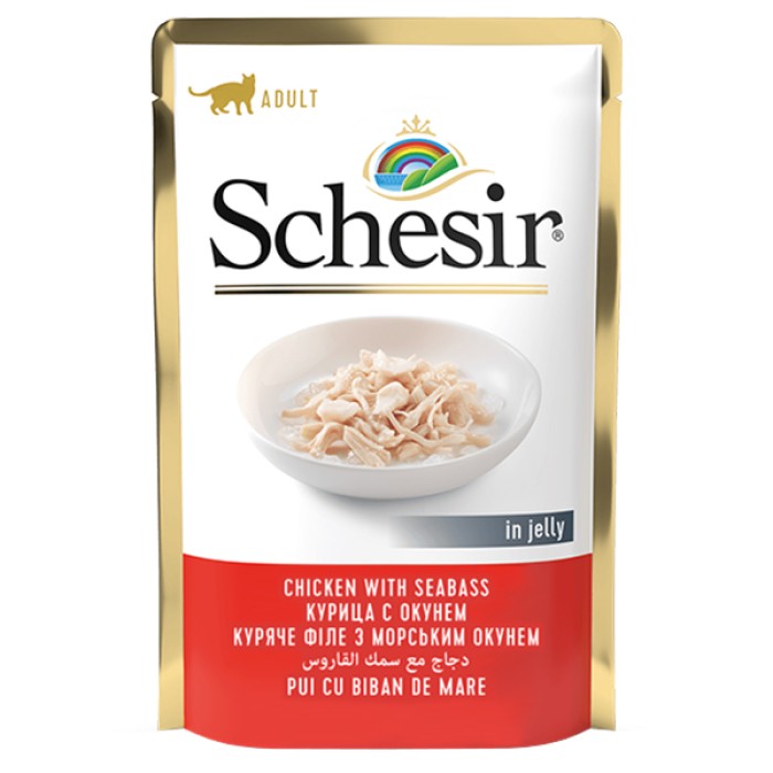Schesir Chicken Seabass ШЕЗИР КУРИЦА С ОКУНЕМ влажный корм натуральные консервы для кошек, куриное филе с морским окунем в желе, пауч 100 г , 0.1 кг.