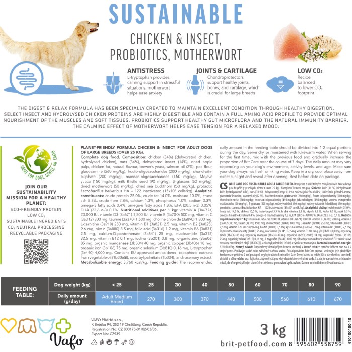 Корм для собак больших пород Brit Care Dog Sustainable Adult Large Breed с курицей и насекомыми, 3кг
